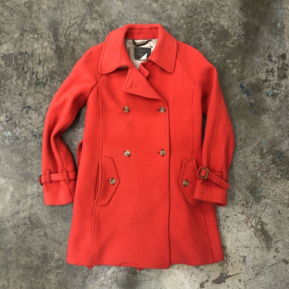 J Crew Trench Coat Stadium Cloth Orange Red Wool - Picture 2 of 8
